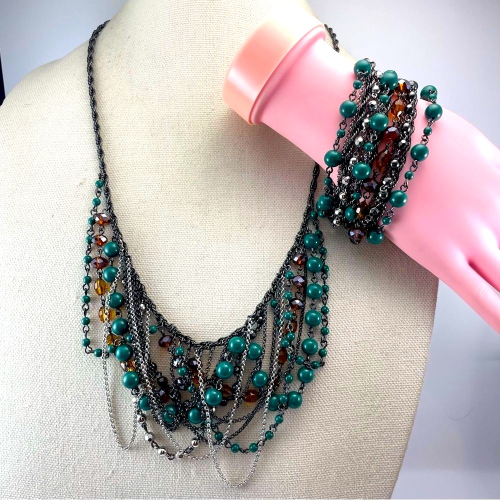 Talbots Acrylic Glass Black Chain Rhinestone Multi Layer Necklace Bracelet Set